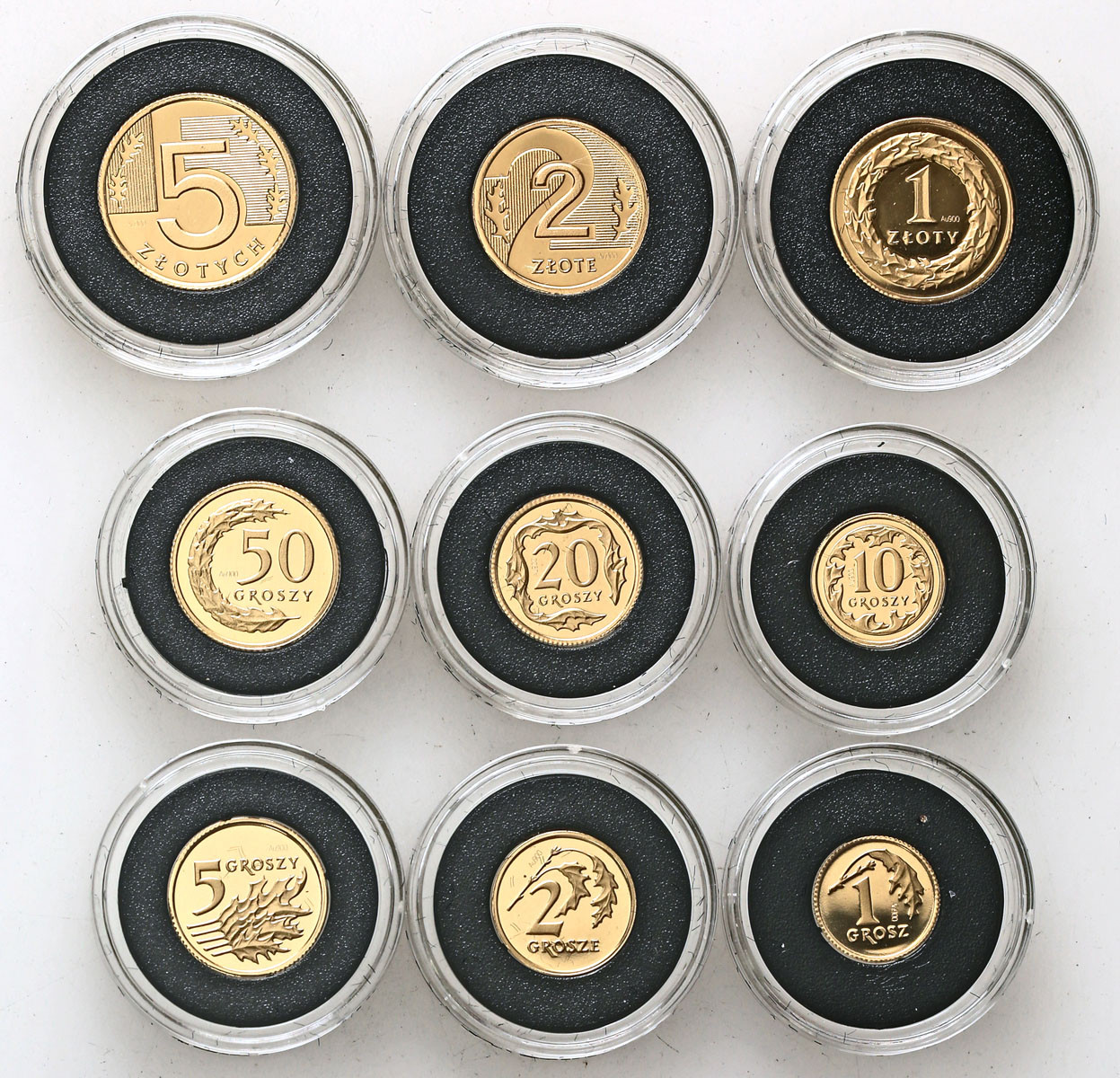 III RP. Miniatury polskich monet obiegowych 1 grosz do 5 złotych 2008, zestaw ZŁOTY, 9 sztuk